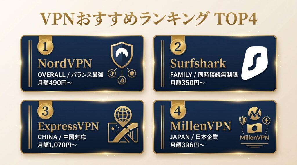 VPN4社を速度・セキュリティ・価格・日本語対応で比較したイメージ図