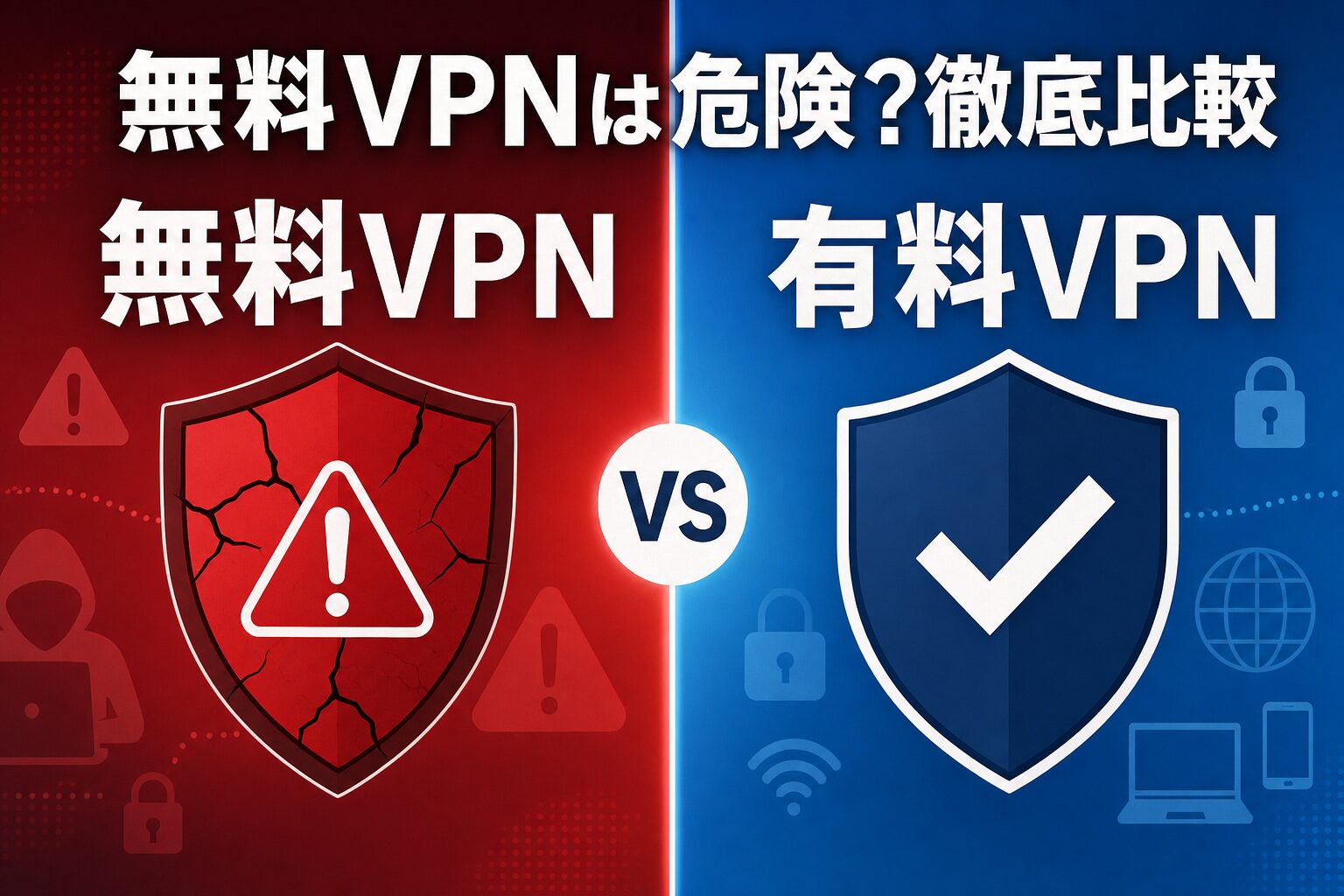 無料VPNと有料VPNを対比した編集デザインの記事冒頭ビジュアル