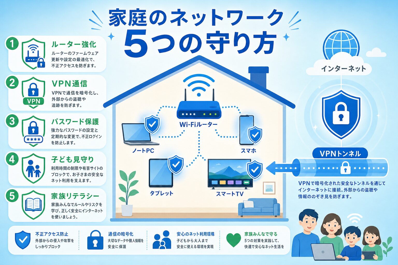 家庭ネットワーク全体図：ルーター強化・VPN通信・パスワード保護・子ども見守り・家族リテラシー