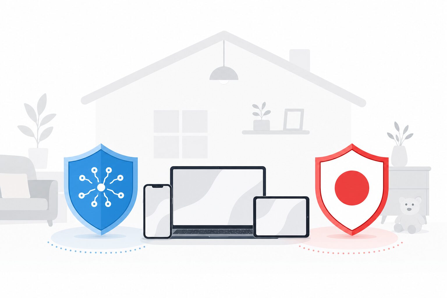 家庭のスマホ・PC・タブレットを2つのVPN(NordVPNとMillenVPN)で使い分けるイメージ