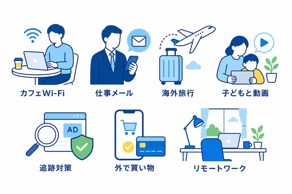 VPNを使う人の7つの生活シーン(カフェWi-Fi・仕事メール・海外旅行・子どもと動画・追跡対策・外で買い物・リモートワーク)